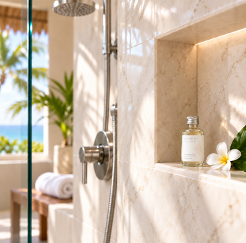 Caribe Kit shampoo in a sunlit shower niche with a white flower and a view of the sea.