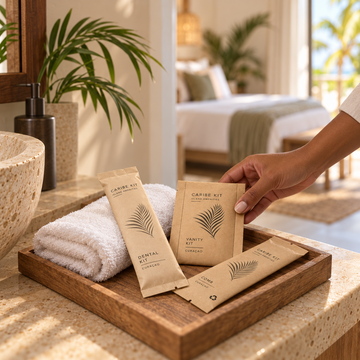A hand arranging Caribe Kit dental, vanity and comb amenities beside a rolled towel on a wooden tray in a guest bathroom.