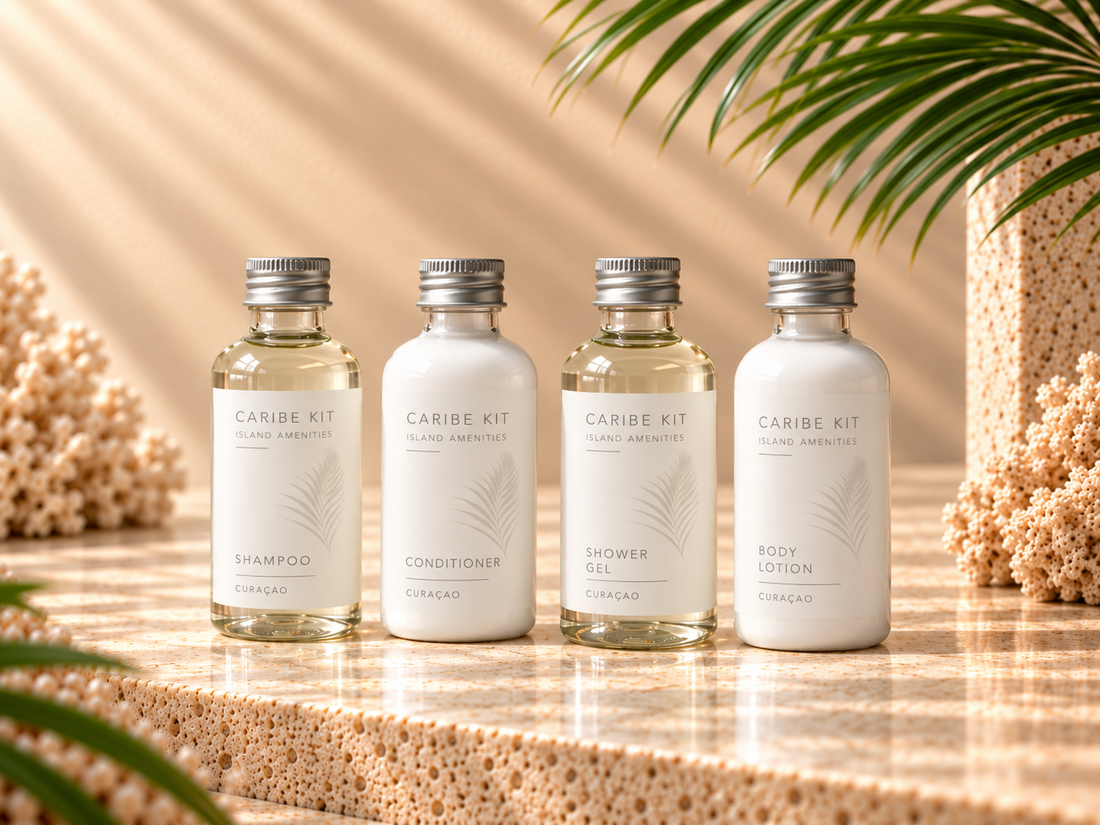 Caribe Kit Basic Amenities Kit with shampoo, conditioner, shower gel and body lotion