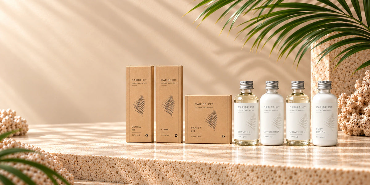 Caribe Kit guest amenities arranged for mobile: dental kit, comb, vanity kit and four bath amenities.1621243260e1af0c20-0