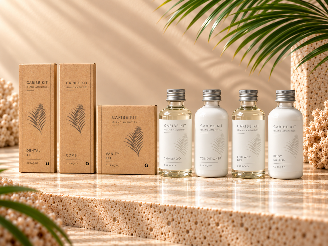 Caribe Kit Premium Guest Kit with four bathroom amenities, a dental kit, travel comb and vanity kit