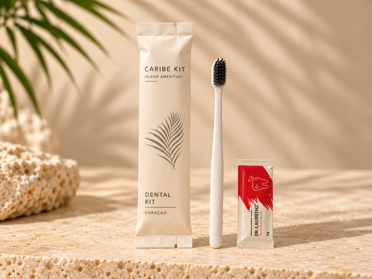 Caribe Kit dental kit showing the toothbrush, toothpaste and kraft packaging