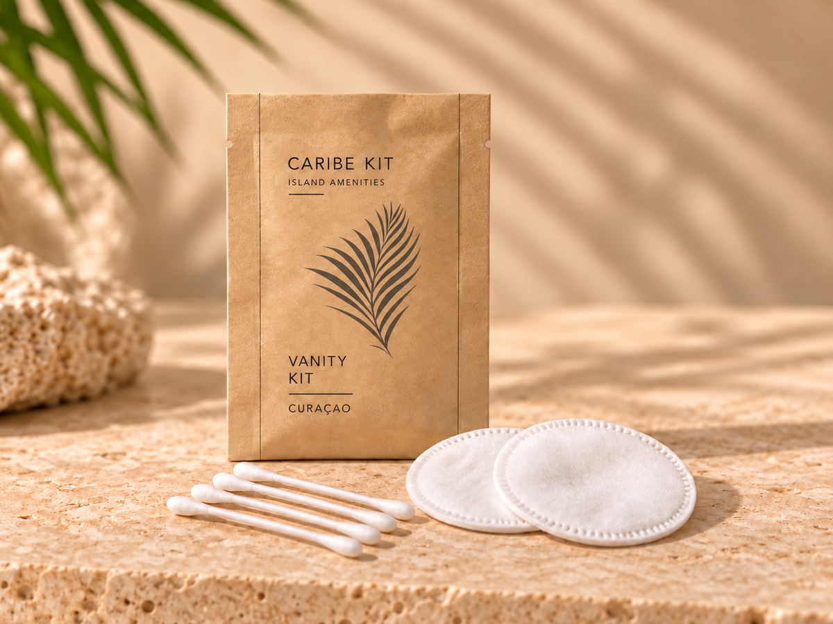 Caribe Kit vanity kit showing cotton pads, cotton buds and kraft packaging