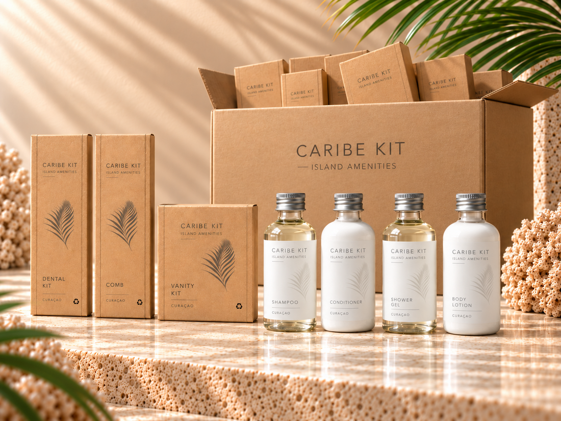 Caribe Kit Starter Box – 25 Premium, with a bulk box and the seven included wet and dry amenities