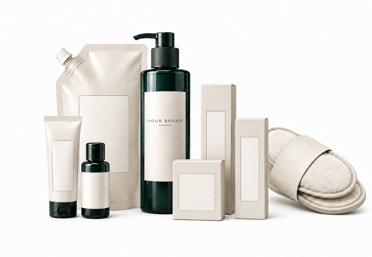 Private label amenity collection with Your Brand on the central dispenser
